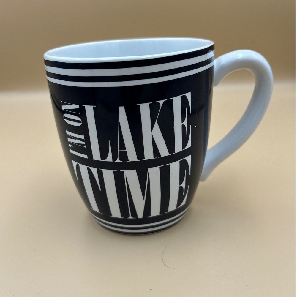 DEI Im On Lake Time Coffee Mug Blue White Striped Ceramic Nautical Cabin Cup
